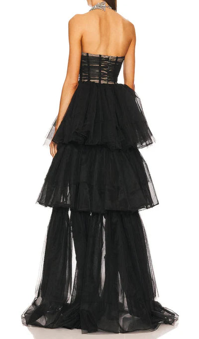 Vestido de fiesta de tul con top corsé sin tirantes y hombros descubiertos
